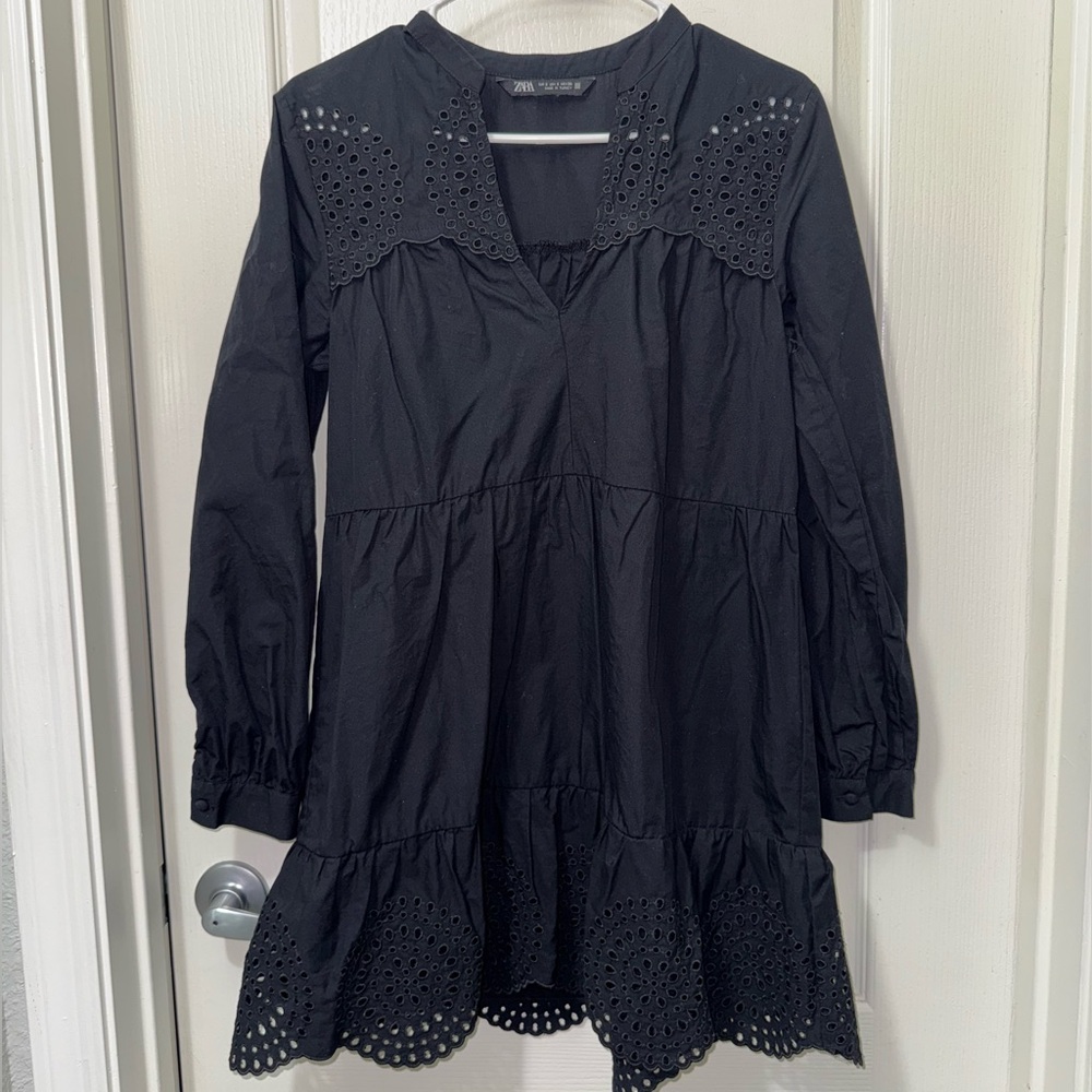 Zara Black Eyelet Long Sleeve Dress